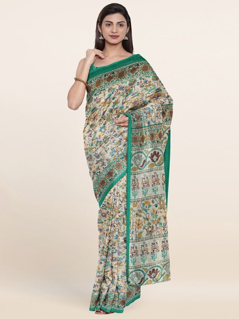 

Pothys Cream-Coloured & Blue Floral Saree