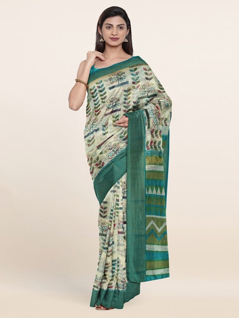 

Pothys Cream-Coloured & Green Floral Zari Saree