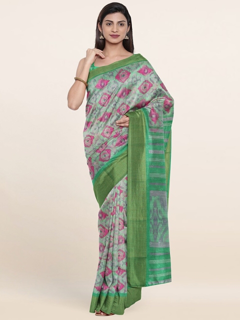 

Pothys Green & Pink Zari Printed Cotton Blend Saree