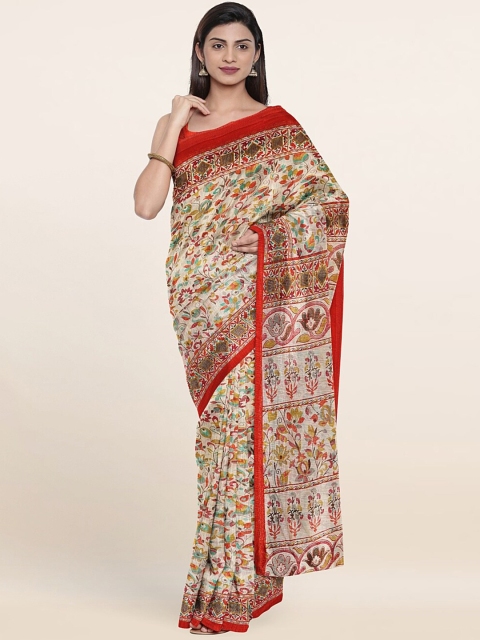 

Pothys Cream-Coloured & Red Floral Printed Saree