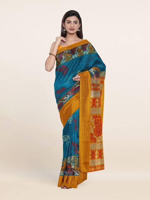 

Pothys Women Blue Floral Print Zari Saree