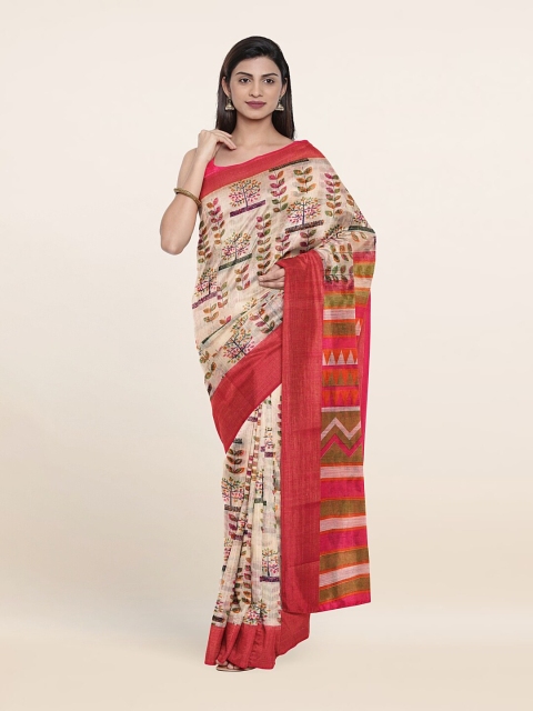 

Pothys Cream-Coloured & Red Floral Saree