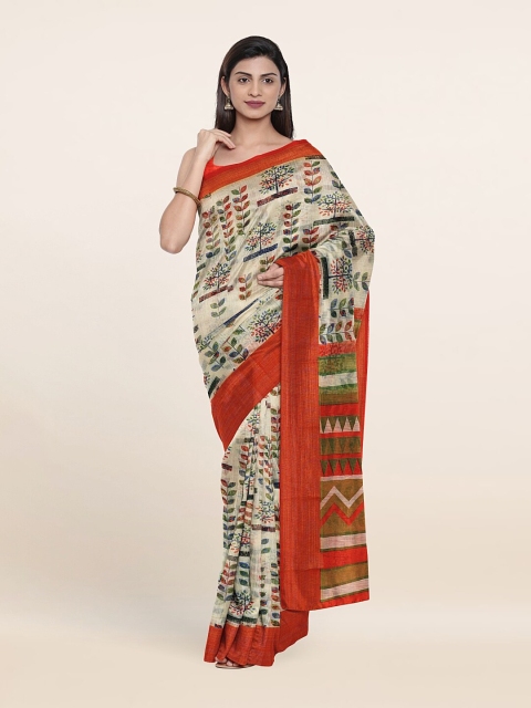 

Pothys Cream & Orange Floral Printed Saree