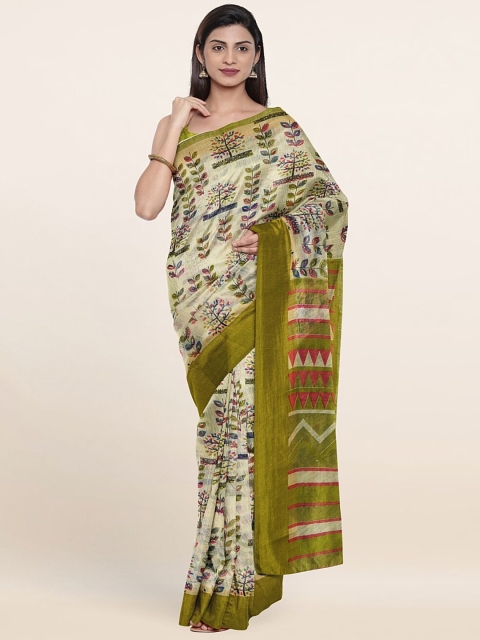 

Pothys Cream-Coloured & Olive Green Floral Zari Saree
