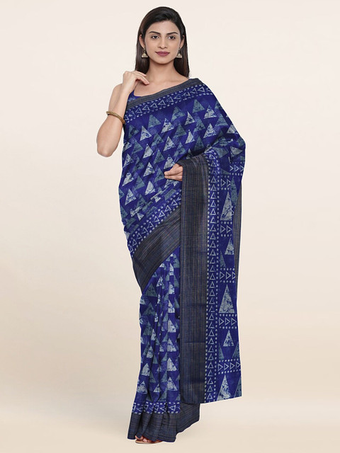 

Pothys Blue & White Geometric Print Zari Saree