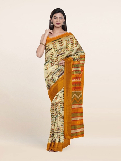 

Pothys Cream-Coloured & Mustard Floral Saree