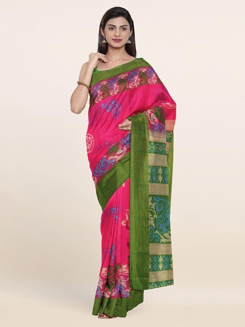 

Pothys Fuchsia Pink & Green Ethnic Motifs Zari Saree