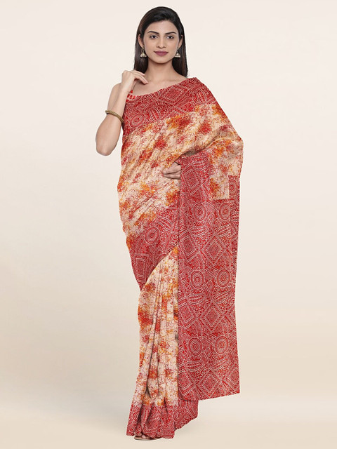 

Pothys Cream-Coloured & Red Abstract Saree
