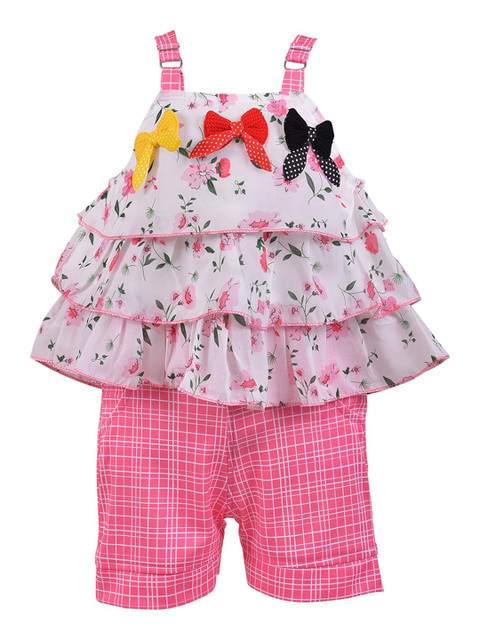 

Wish Karo Girls Pink & White Printed Top with Shorts