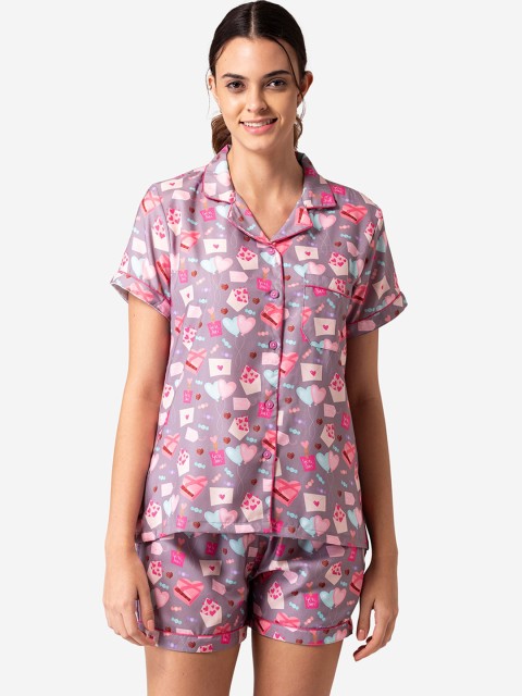 

Bellofox Women Grey & Pink Conversational Printed Night Suit