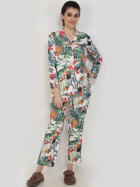 

Aujjessa Women White & Green Printed Night suit
