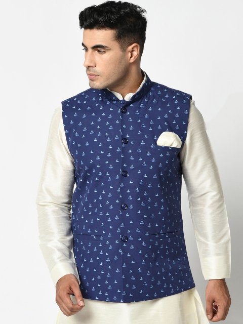 

DEYANN Men Navy Blue Printed Pure Cotton Nehru Jacket