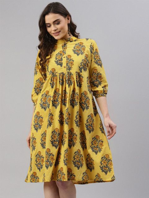 

DESI BEATS Yellow Ethnic Motifs Empire Dress