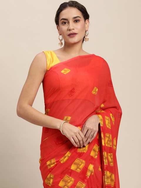 

KALINI Coral Red & Yellow Printed Saree