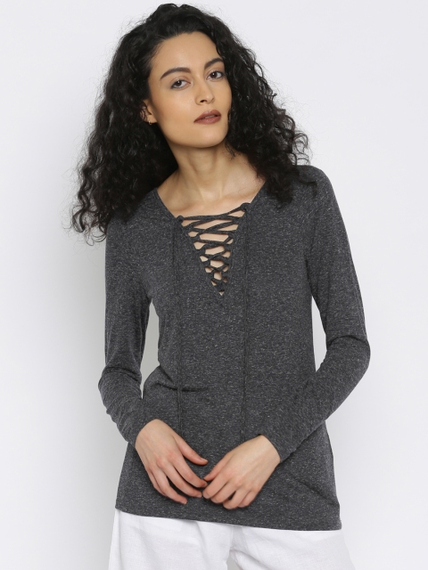 

ONLY Women Blue Self-Design Lace-Up Top