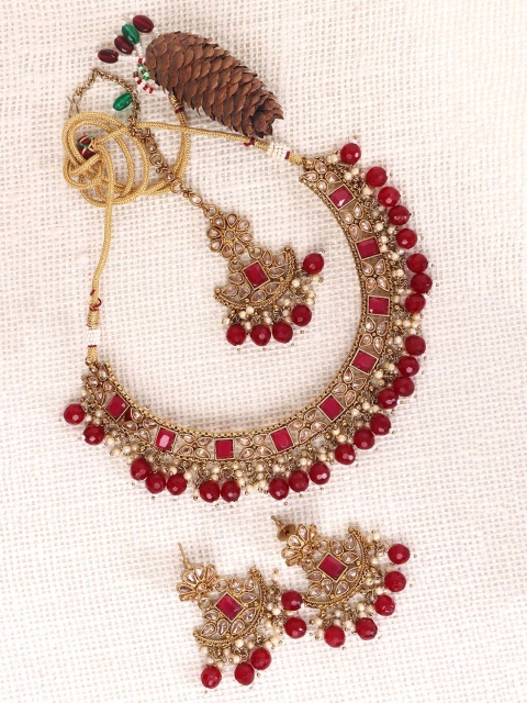 

JEWELS GEHNA Gold-Plated & Maroon & White Stone-Studded & Beaded Jewellery Set