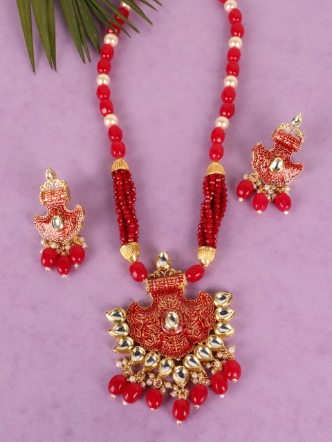 

JEWELS GEHNA Gold-Plated Red & White Stone Studded & Kundan Beaded Jewellery Set