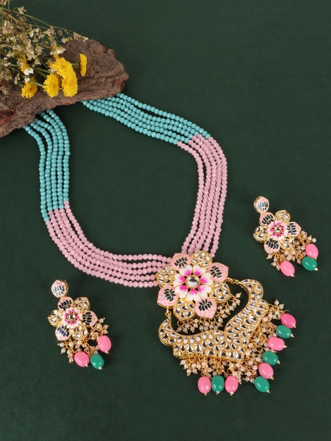 

JEWELS GEHNA Gold-Plated Pink & Blue Stone Beaded Jewellery Set