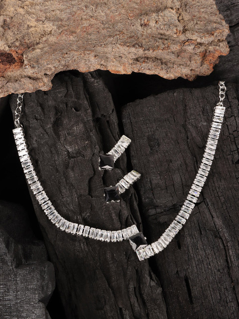 

JEWELS GEHNA Rhodium-Plated White & BlackAD-Studded Jewellery Set, Silver