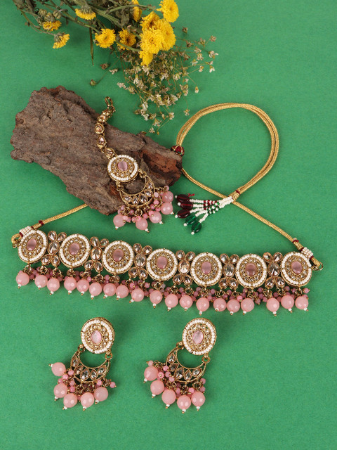 

JEWELS GEHNA Gold-Plated Pink & White Stone-Studded & Pearl Beaded Jewellery Set
