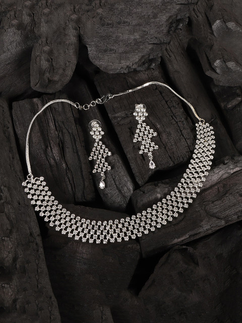 

JEWELS GEHNA Silver-Plated White Stone-Studded Jewellery Set
