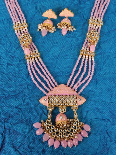 

JEWELS GEHNA Gold-Plated & Pink Kundan-Studded & Beaded Jewellery Set