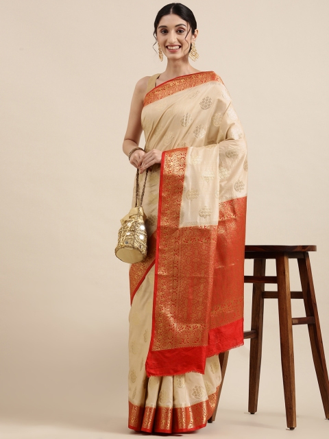 

SANGAM PRINTS Cream-Coloured & Gold Floral Pure Silk Saree