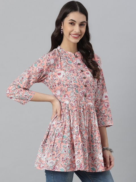 

Stylum Peach-Coloured & Green Floral Printed Pure Cotton Pleated Kurti