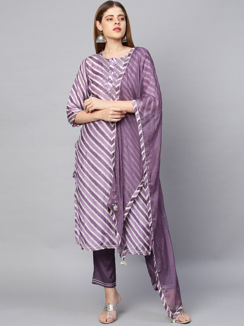 

FASHOR Women Purple Striped Thread Work Silk Blend Kurta Trousers & Dupatta Set