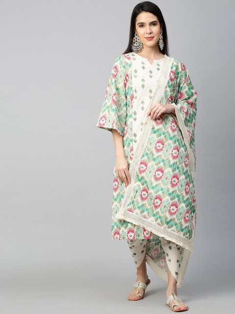 

FASHOR Women Off-White & Green Ikat Printed Kurta with Dhoti Pants & Dupatta