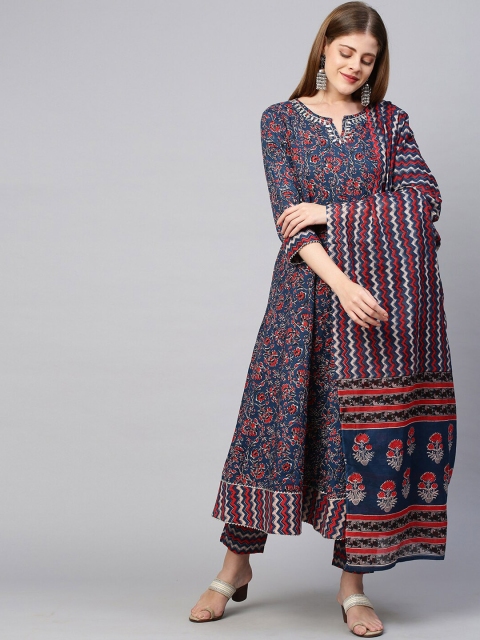 

FASHOR Women Blue Floral Printed Gotta Patti Pure Cotton Kurta Set