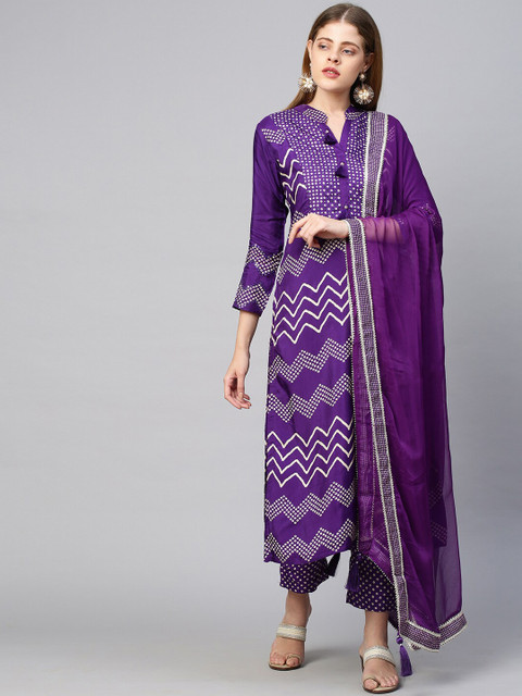 

FASHOR Women Purple Printed Kurta with Trousers & Dupatta
