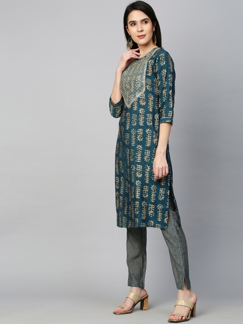 

FASHOR Women Teal Ethnic Motifs Printed Sequinned Kurta Set