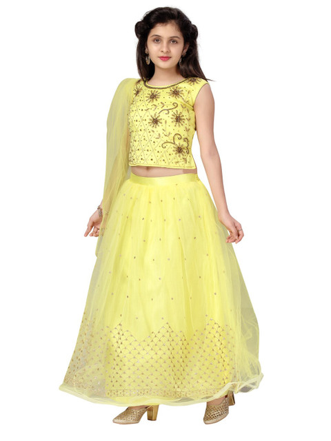 

Aarika Girls Yellow Embellished Zardozi Ready to Wear Lehenga &