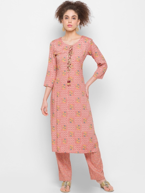 

ZOLA Women Peach-Coloured Floral Embroidered Kurti with Palazzos