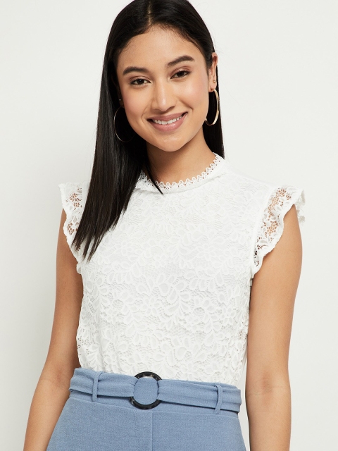 

max White Floral Self Design Regular Top