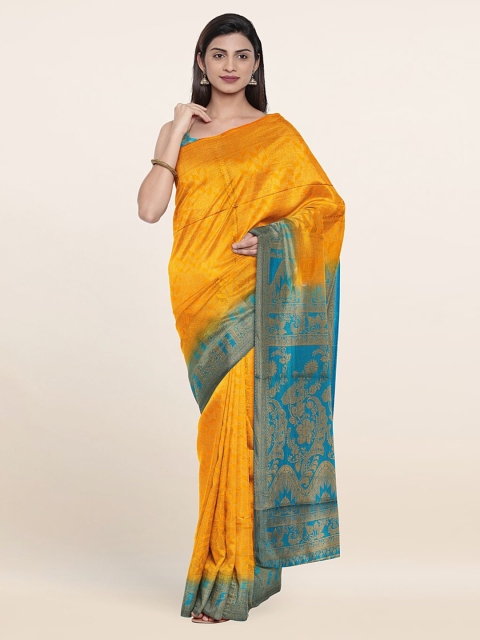 

Pothys Mustard Yellow & Blue Ethnic Motifs Zari Jute Silk Saree