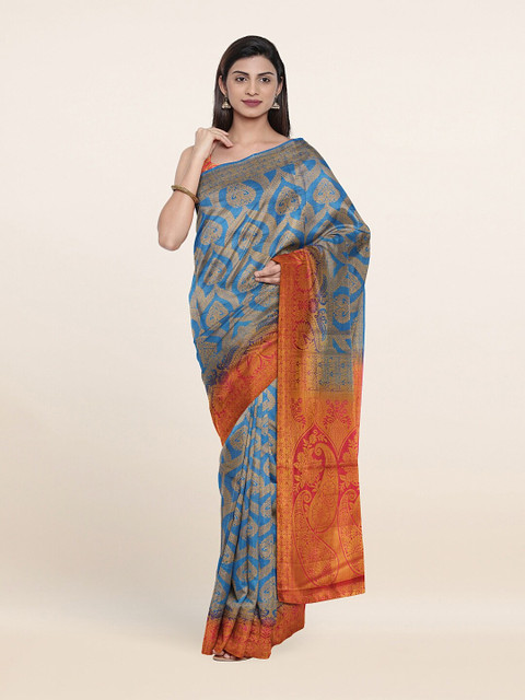 

Pothys Blue & Orange Ethnic Motifs Jute Silk Saree