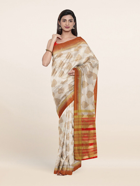 

Pothys Off White & Red Woven Design Zari Jute Silk Saree