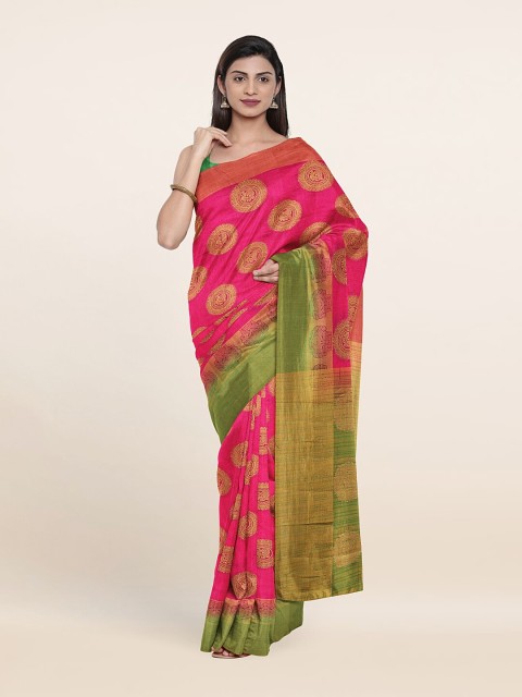 

Pothys Pink & Green Floral Zari Jute Silk Saree