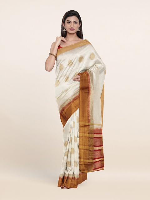 

Pothys Off White & Gold-Toned Woven Design Zari Jute Silk Saree