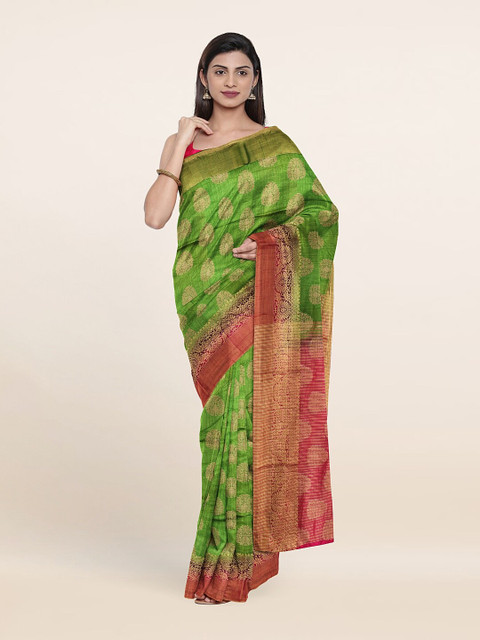 

Pothys Green & Pink Floral Zari Jute Silk Saree