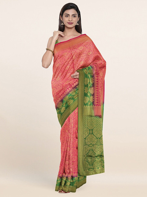 

Pothys Pink & Green Woven Design Zari Jute Silk Saree