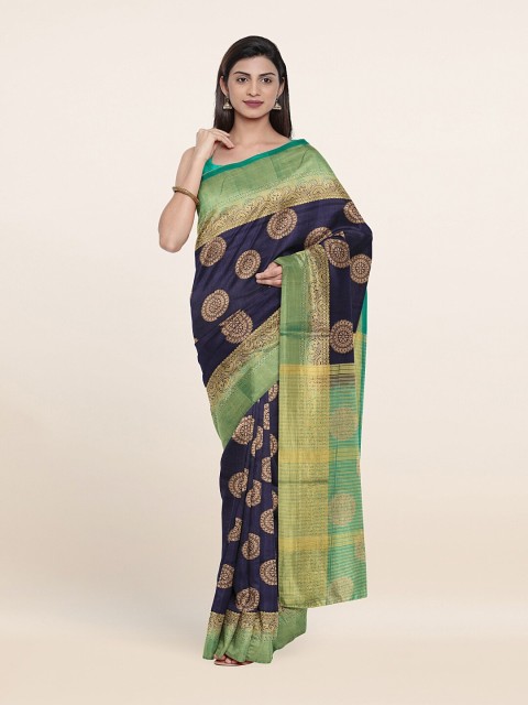 

Pothys Navy Blue & Green Ethnic Motifs Zari Jute Silk Saree