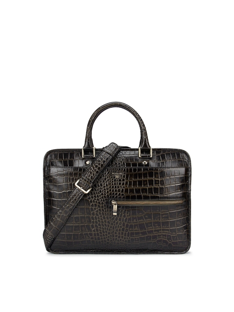 

Da Milano Unisex Olive Green & Black Textured Leather Laptop Bag