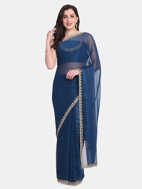 

BOMBAY SELECTIONS Blue & Gold-Toned Embellished Organza Saree