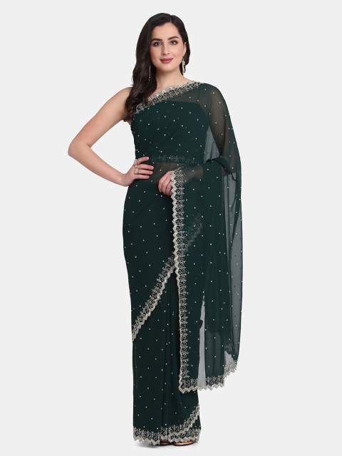 

BOMBAY SELECTIONS Green & White Ethnic Motifs Beads and Stones Pure Georgette Saree