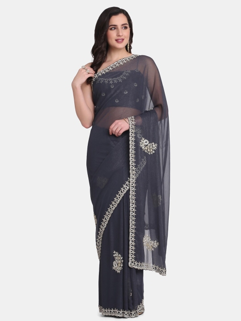 

BOMBAY SELECTIONS Grey Ethnic Motifs Embroidered Organza Saree