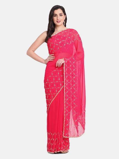 

BOMBAY SELECTIONS Magenta & Gold-Toned Striped Beads and Stones Pure Georgette Saree