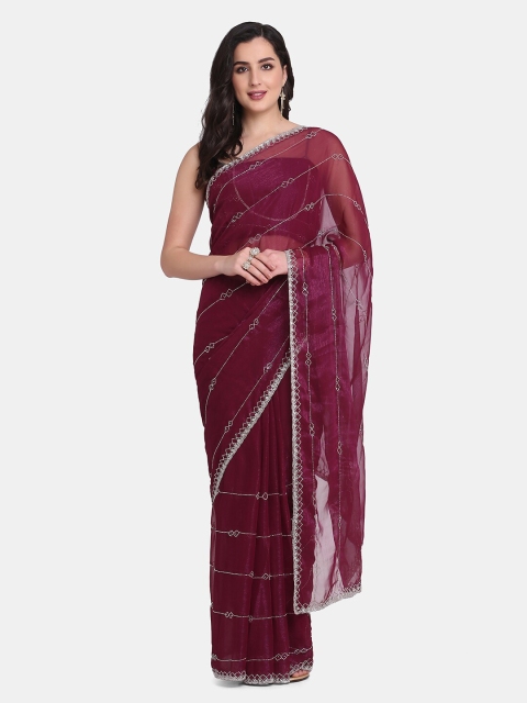 

BOMBAY SELECTIONS Burgundy & Silver-Toned Striped Beads and Stones Organza Saree